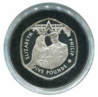(2007) Монета Остров Олдерни 2007 год 5 фунтов "Елизавета и Филипп"  Серебро Ag 925  PROOF